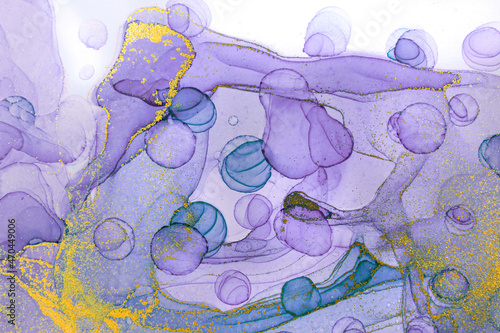 Transparent blue, violet. purple and gold watercolor drops on white background. Bubbles imitation. High resolution watercolor ink texture, background. Yellow drops. Blank space for text, design