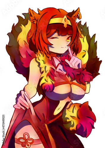 beautiful anime manga girl hellish demonic fox with fiery red tail and hair and fur collar sticker
