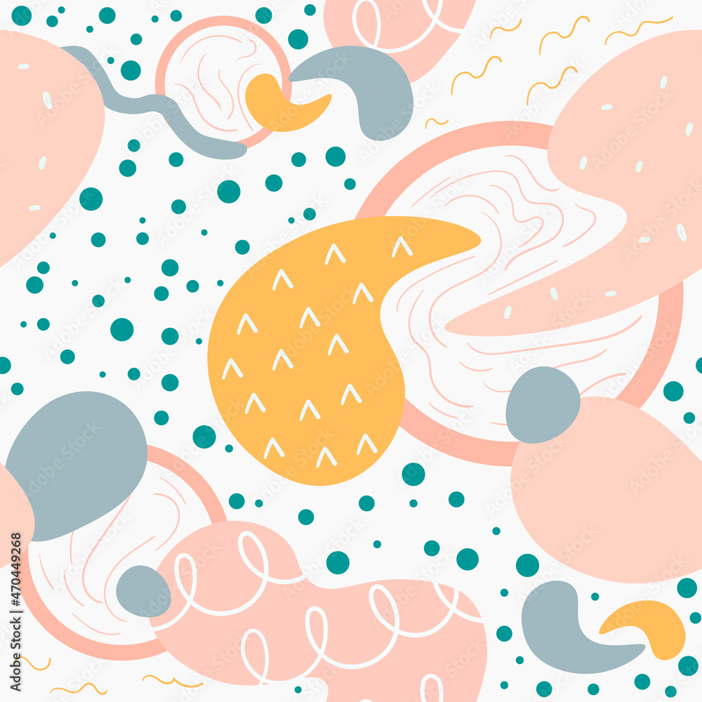 Abstract seamless pattern. Hand drawn doodle various shapes, lines, spots, drops, circle. Contemporary modern trendy Vector background or wallpapers