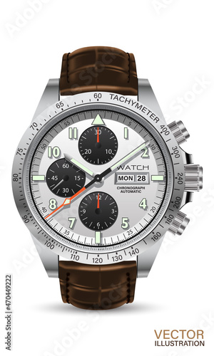 Realistic watch clock chronograph silver black red arrow white number text brown leather strap on white background design classic luxury for men vector