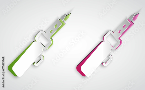 Paper cut Soldering iron icon isolated on grey background. Paper art style. Vector