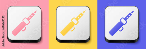 Isometric Soldering iron icon isolated on pink, yellow and blue background. Square button. Vector