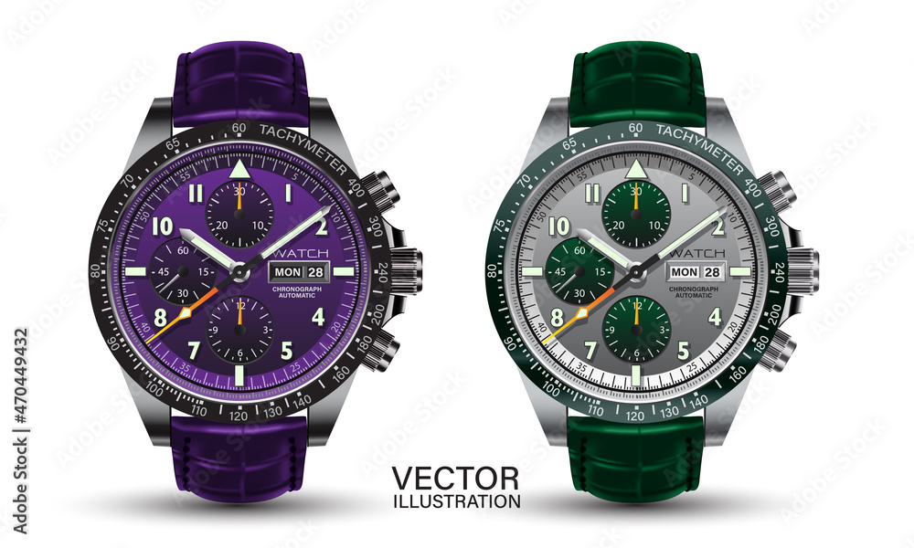 Realistic watch clock chronograph collection grey metallic orange arrow white black number text purple green leather strap on white background design classic luxury for men vector Realistic watch clock chronograph collection grey metallic orange arrow white black number text purple green leather strap on white background design classic luxury for men vector