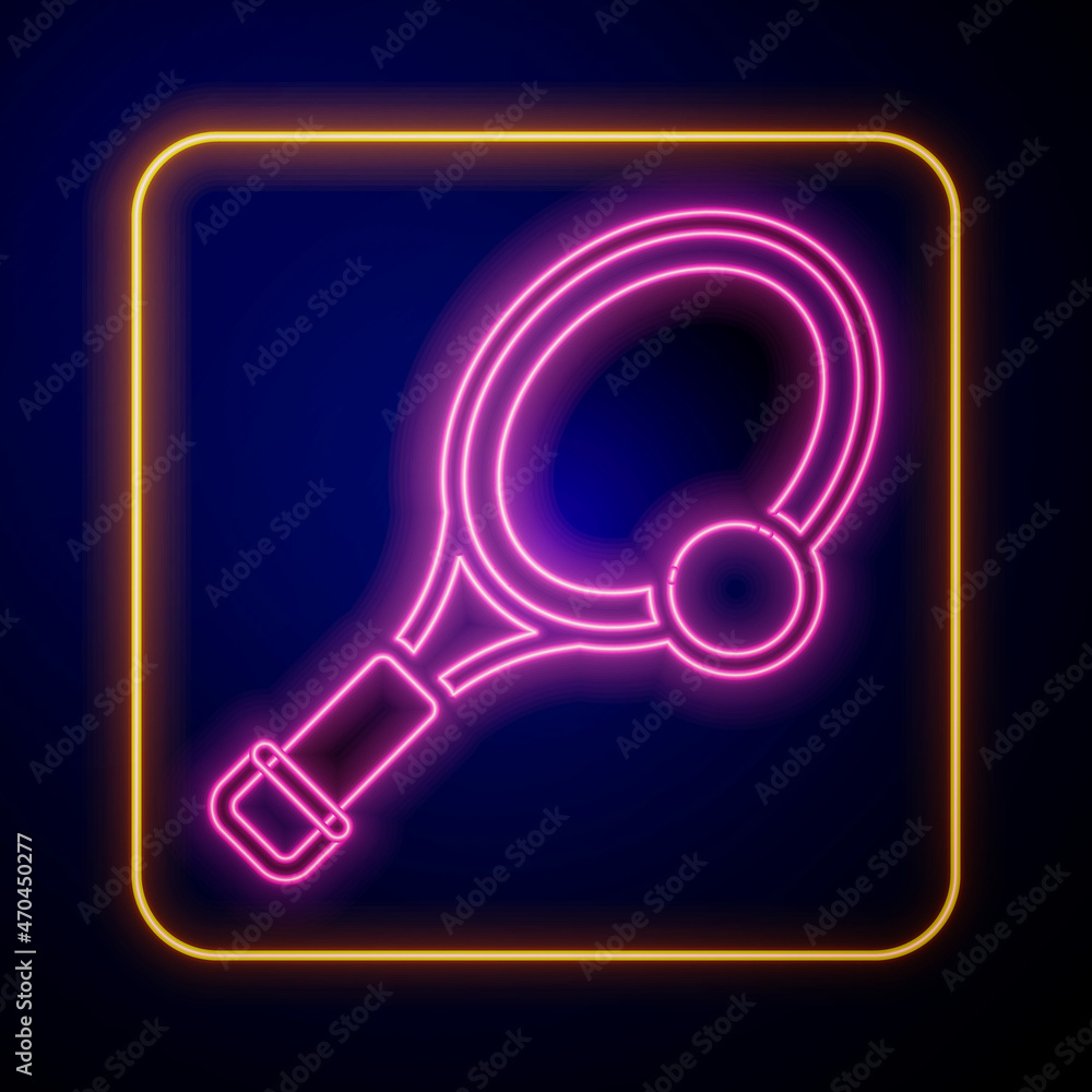 Glowing neon Tennis racket with ball icon isolated on black background. Sport equipment. Vector Glowing neon Tennis racket with ball icon isolated on black background. Sport equipment. Vector