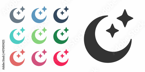 Black Moon and stars icon isolated on white background. Cloudy night sign. Sleep dreams symbol. Full moon. Night or bed time sign. Set icons colorful. Vector