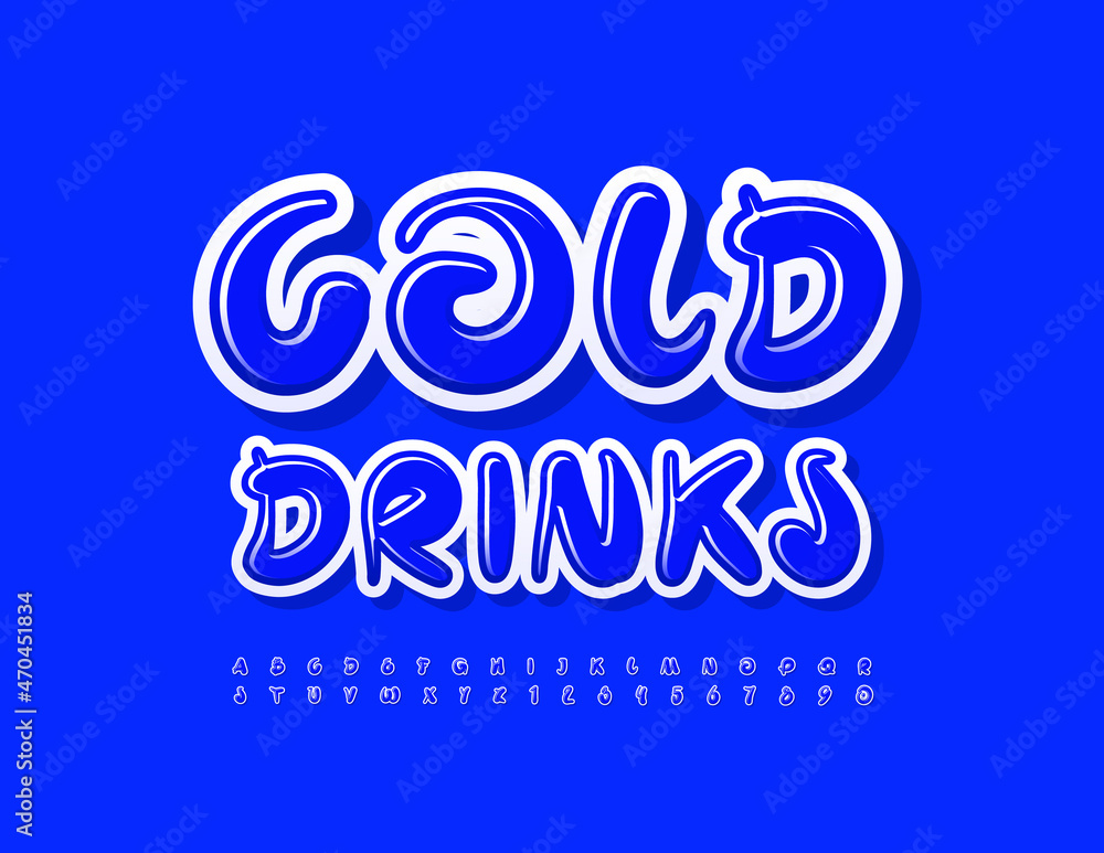 Vector bright template Cold Drinks for Menu, Cafe, Bar. Blue handwritten Font. Artistic style Alphabet Letters and Numbers set Vector bright template Cold Drinks for Menu, Cafe, Bar. Blue handwritten Font. Artistic style Alphabet Letters and Numbers set