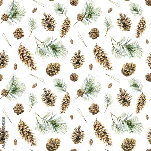 Watercolor botanical seamless wallpaper with pine branches and cones. Evergreen repeating texture. Pattern for wrapping paper, print or fabric.
