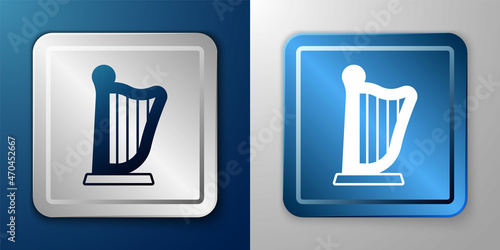 White Harp icon isolated on blue and grey background. Classical music instrument, orhestra string acoustic element. Silver and blue square button. Vector