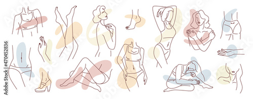 Abstract female body parts, isolated feminine girl face and waist, breast and shoulders, legs and hands. Colored outlines, sensual woman wearing underwear, bra and panties. Vector in flat style
