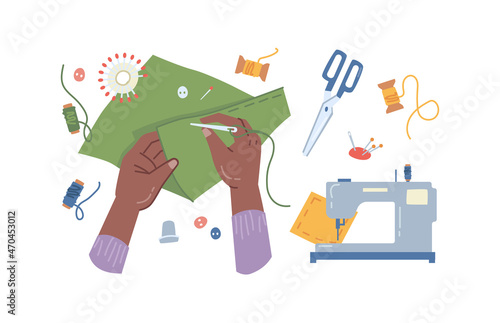 Seamstress hands of man or woman who sews, making unwind threads on green cloth isolated flat cartoon illustration. Vector fabric cuts, sewing-machine and scissors, needle pillow. Sewing courses
