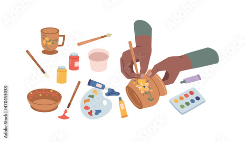 Ceramist craftswoman drawing decoration on ceramic pottery clay jug during master class. Vector creative occupation in workshop. Relax with handicraft, handmade decor. Acrylic watercolor paints, cup