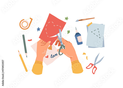 Hands of man or woman engaged in hand-made, labor, application, hobby flat cartoon illustration. Vector arms with scissors cutting heart, lesson of art at school or kindergarten, glue and pencil
