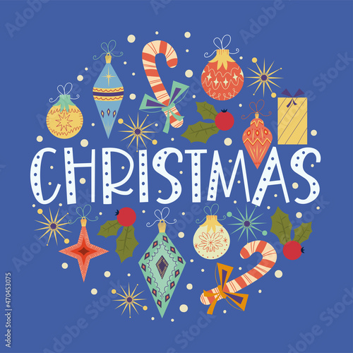 Christmas round vintage design with Christmas text.Retro colors for decorations, balls, gifts, holly. Composition of a round cover with snowflakes in a flat style. Vector illustration.