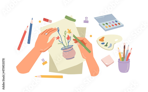 Painting workshop, hands hold paint brush and draw flowers in vase on piece of paper. Vector woman on art therapy lesson, paintbrushes and watercolor brushes, colored pencils, craft handmade