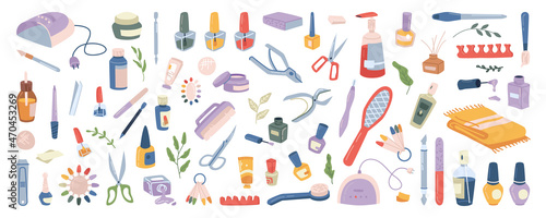 Manicure tools salon accessories and equipment for nails care flat cartoon icons. Vector polish bottle and brush, hand cream and nail file, scissors and clippers set. Fingernail and gel lamp, supplies