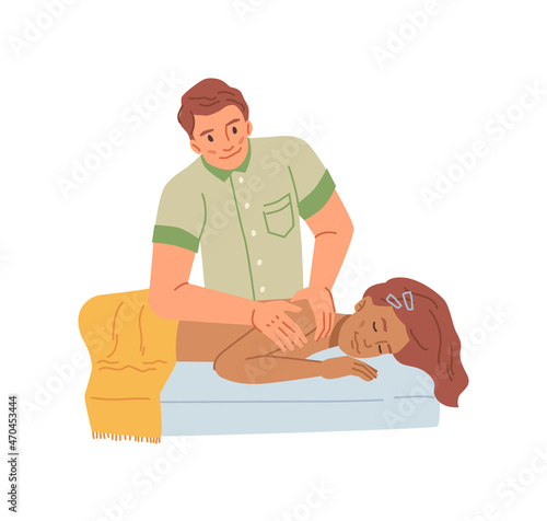 Professional back massage isolated masseur massaging young woman shoulders. Vector flat cartoon authentic luxury spa treatment. Girl relax in beauty salon, health care, pleasure and bodycare