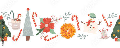 Winter seamless border with candies, fir trees and snowman, orange and new year flower. Christmas seamless pattern. Vector illustration in flat style