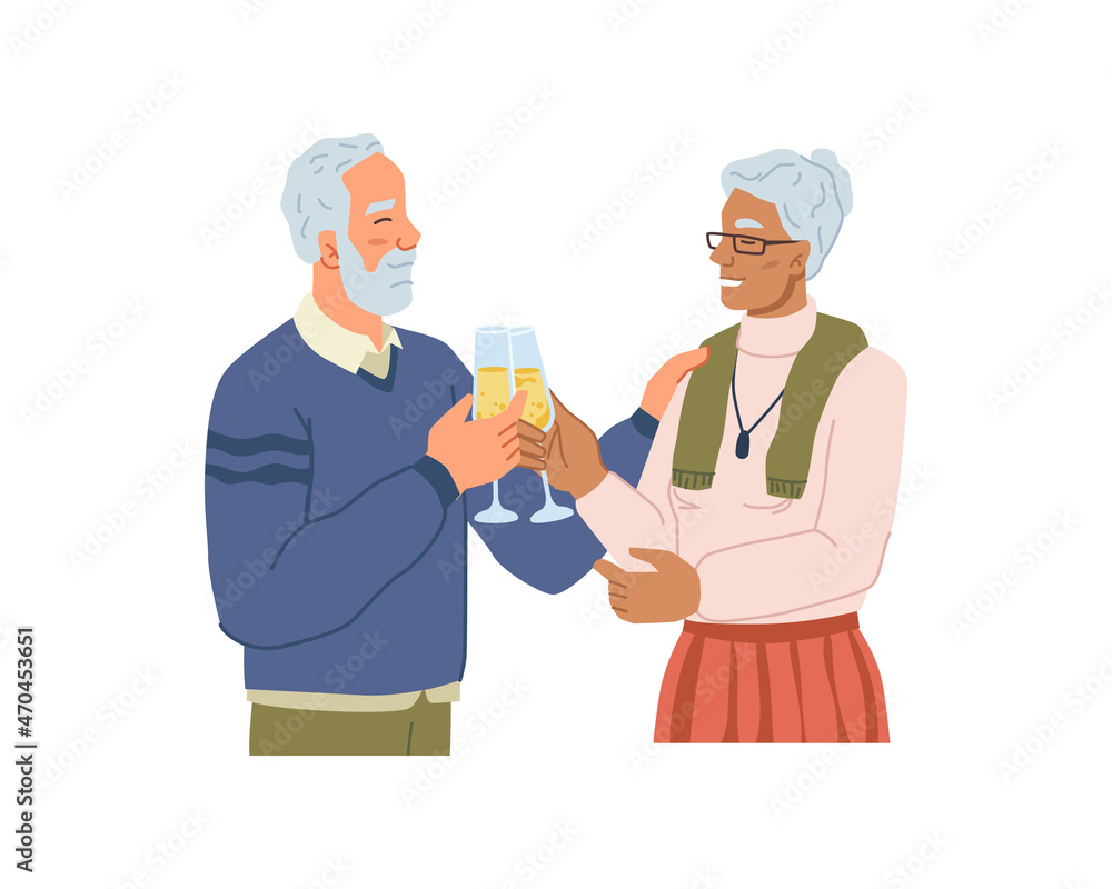 Senior people drinking sparkling wine or champagne from glasses. Vector elderly woman and man celebrating special occasion or anniversary. Characters tasting alcoholic beverage. Isolated pensioners Senior people drinking sparkling wine or champagne from glasses. Vector elderly woman and man celebrating special occasion or anniversary. Characters tasting alcoholic beverage. Isolated pensioners