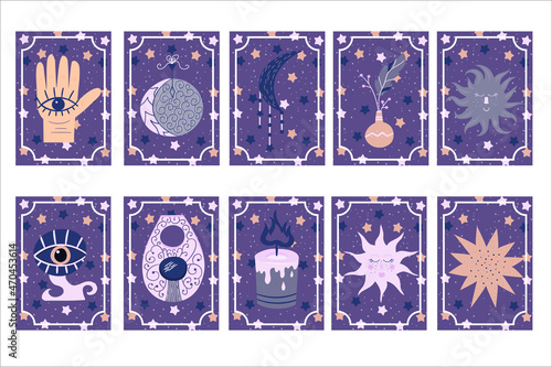 Mystical astrology set magic tarot cards on starry background esoteric symbols.Moon and sun, talismans, amulets and a hand for clairvoyance of the future. Vector illustration in a flat style.