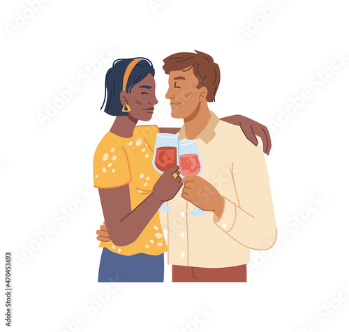 Girlfriend and boyfriend on date, cuddling and drinking red wine. Vector male and female charcters in love, intimacy and closeness. Young people with glasses and alcoholic beverage tasting it