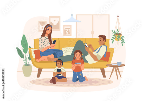 Parents and kids addicted to smartphones and gadgets. Vector woman on sofa with phone, kid listening to music with headphones. Leisure and relax at home, virtual reality and connection via internet