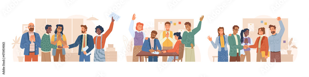 Obraz premium People working in office cheering and applauding. Vector business workers signing documents or agreement, handshaking and celebrating promotion of colleagues. New contacts and partners cooperation