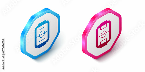 Isometric Table football game hobby or leisure icon isolated on white background. Sport team football players. Hexagon button. Vector