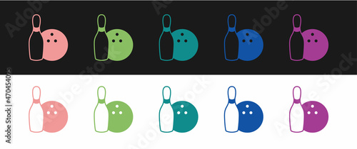 Set Bowling pin and ball icon isolated on black and white background. Sport equipment. Vector