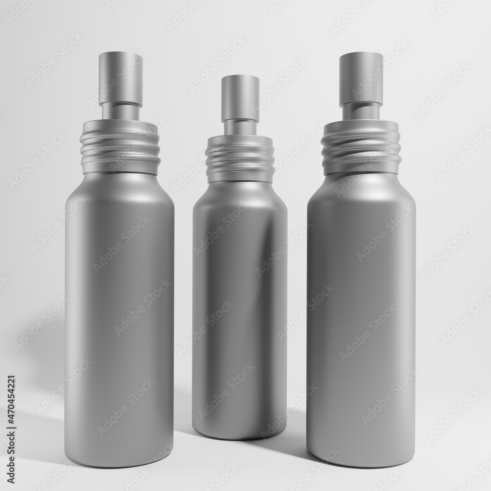 three metallic bottles cosmetic with metallic cap a front view 3d render three metallic bottles cosmetic with metallic cap a front view 3d render