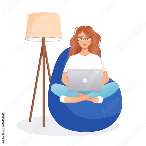 Woman sits on the bean bag chair and works at the computer. Remote work, office at home, programming, freelance. Study at home in quarantine. Vector illustration.