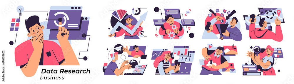 Data research business set isolated vector cartoon illustrations. Man ...