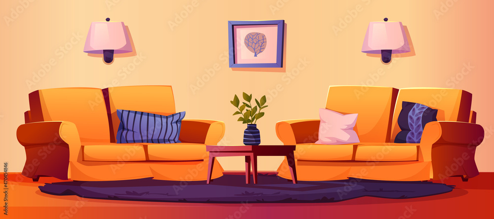 Living room interior with two comfortable sofas with pillows, picture and hanging lamps on wall, table with potted house plants. Carpet on floor, furniture in livingroom, indoors apartment design - obrazy, fototapety, plakaty 