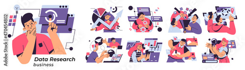Data research business set isolated vector cartoon illustrations. Man thinking about new idea, analysing diagrams, finding location and making settings, teamwork and sales funnel, online uploads