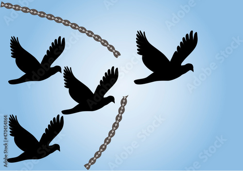 Silueta negra de palomas rompiendo cadenas.