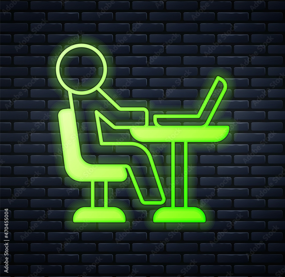 Glowing neon Freelancer icon isolated on brick wall background. Freelancer man working on laptop at his house. Online working, distant job concept. Vector Glowing neon Freelancer icon isolated on brick wall background. Freelancer man working on laptop at his house. Online working, distant job concept. Vector