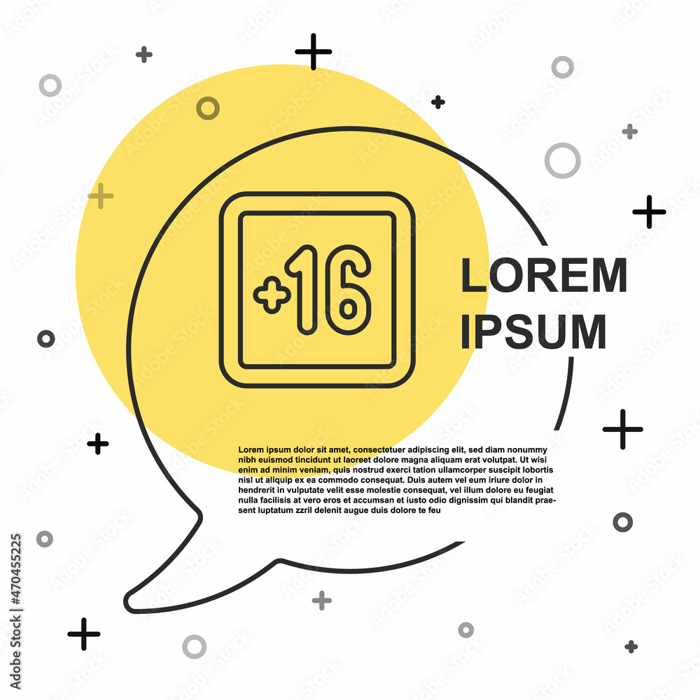 Black line Plus 16 movie icon isolated on white background. Adult content. Sixteen plus icon. Censored business concept. Random dynamic shapes. Vector Black line Plus 16 movie icon isolated on white background. Adult content. Sixteen plus icon. Censored business concept. Random dynamic shapes. Vector
