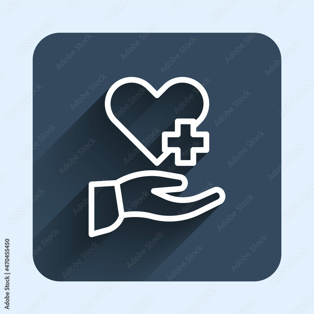 White line Heart with a cross icon isolated with long shadow background. First aid. Healthcare, medical and pharmacy sign. Blue square button. Vector White line Heart with a cross icon isolated with long shadow background. First aid. Healthcare, medical and pharmacy sign. Blue square button. Vector