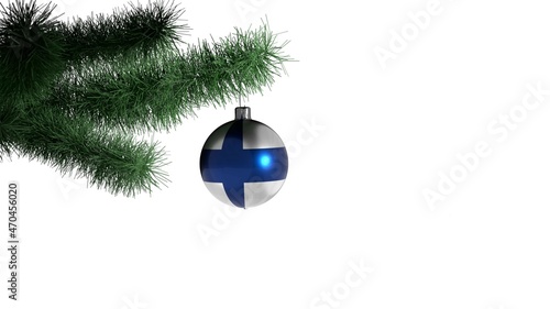 New Year's ball with the flag of Finland on a Christmas tree branch isolated on white background. Christmas and New Year concept.