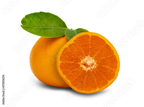 Orange with cut in half and green leaves isolated on white background  with clipping path.