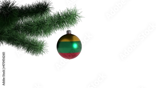 New Year's ball with the flag of Lithuania on a Christmas tree branch isolated on white background. Christmas and New Year concept.