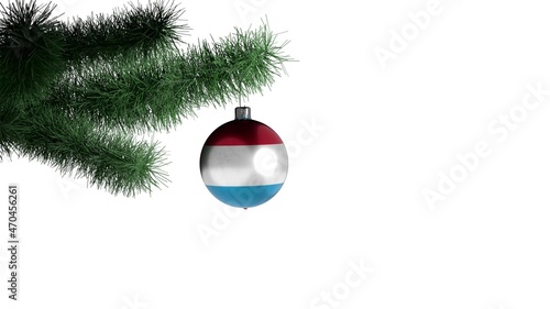 New Year's ball with the flag of Luxembourg on a Christmas tree branch isolated on white background. Christmas and New Year concept.