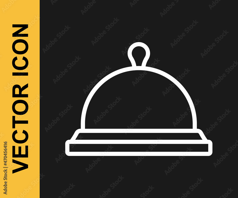 White line Covered with a tray of food icon isolated on black background. Tray and lid sign. Restaurant cloche with lid. Vector White line Covered with a tray of food icon isolated on black background. Tray and lid sign. Restaurant cloche with lid. Vector