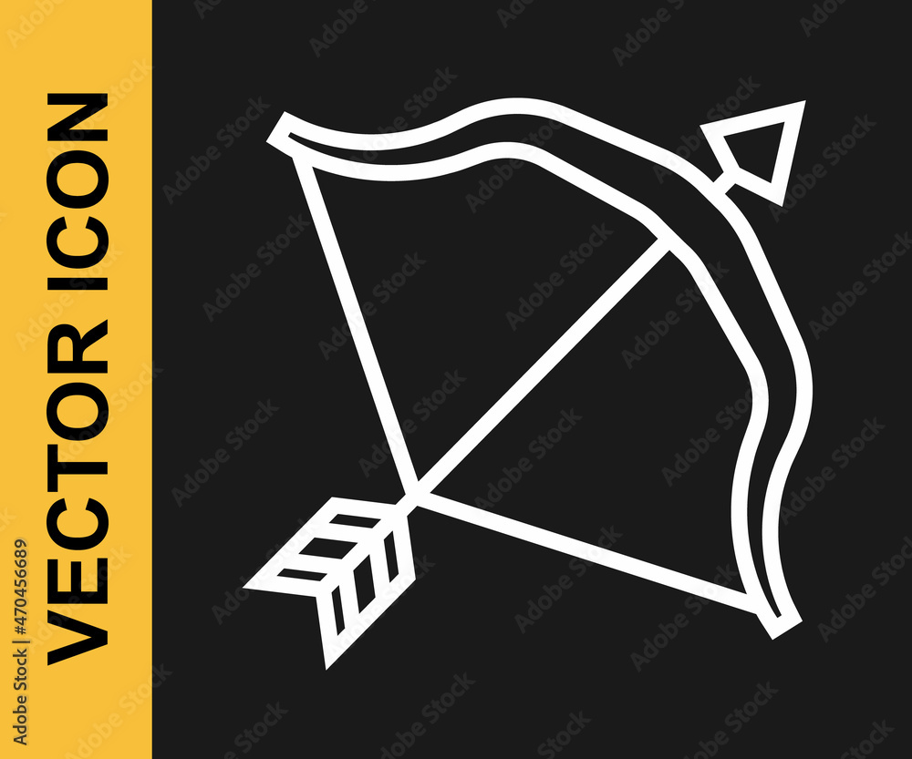 White line Medieval bow and arrow icon isolated on black background. Medieval weapon. Vector White line Medieval bow and arrow icon isolated on black background. Medieval weapon. Vector