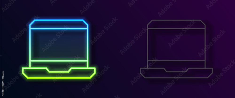 Glowing neon line Laptop icon isolated on black background. Computer notebook with empty screen sign. Vector Glowing neon line Laptop icon isolated on black background. Computer notebook with empty screen sign. Vector