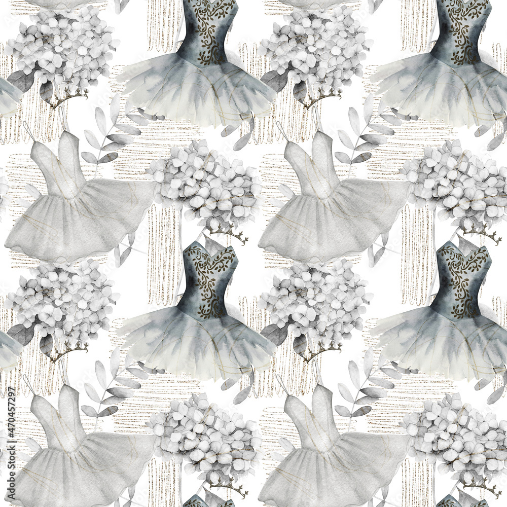 Vintage watercolor seamless pattern with ballet tutu, diadem, hortensia and golden elements. Hand drawn illustration on white background - obrazy, fototapety, plakaty 