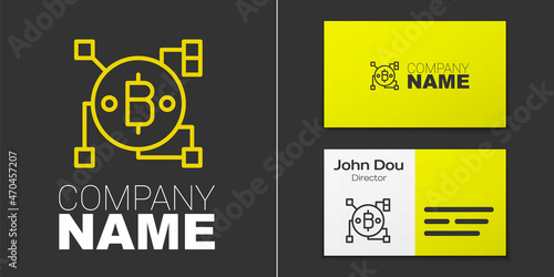 Logotype line Blockchain technology Bitcoin icon isolated on grey background. Abstract geometric block chain network technology business. Logo design template element. Vector
