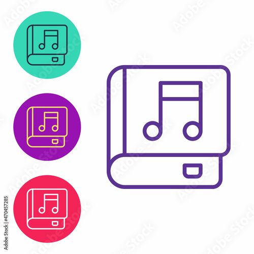 Set line Audio book icon isolated on white background. Musical note with book. Audio guide sign. Online learning concept. Set icons colorful. Vector