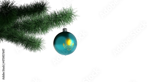 New Year ball with the flag of Kazakhstan on a Christmas tree branch isolated on white background. Christmas and New Year concept.