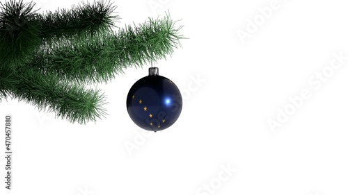 New Year ball with the flag of Alaska, USA on a Christmas tree branch isolated on white background. Christmas and New Year concept.