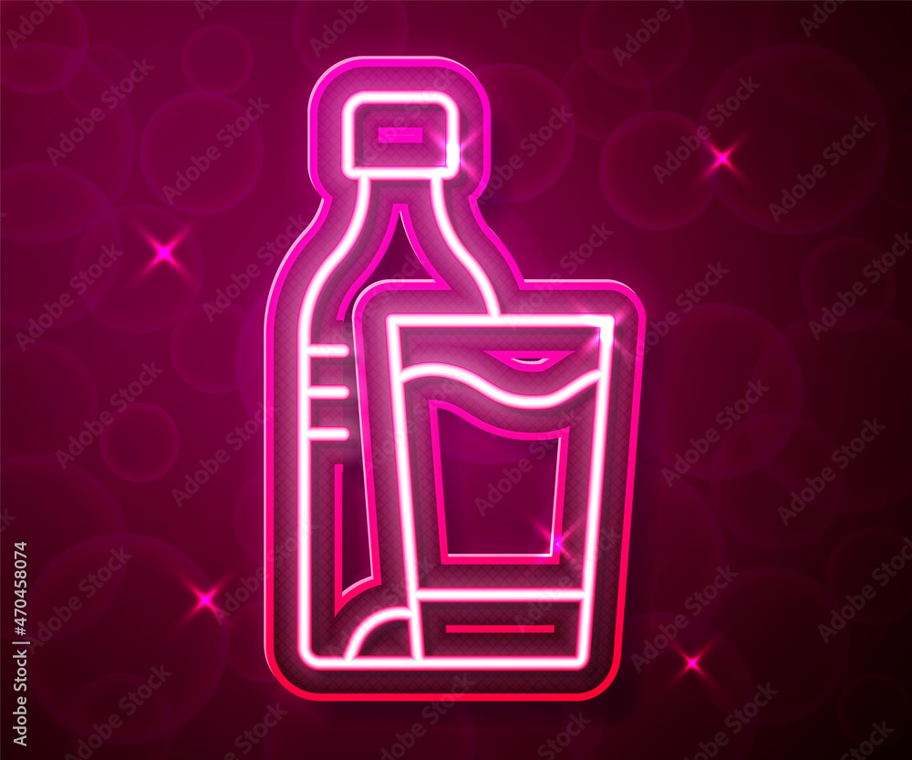 Glowing neon line Bottle of water with glass icon isolated on red background. Soda aqua drink sign. Vector Glowing neon line Bottle of water with glass icon isolated on red background. Soda aqua drink sign. Vector